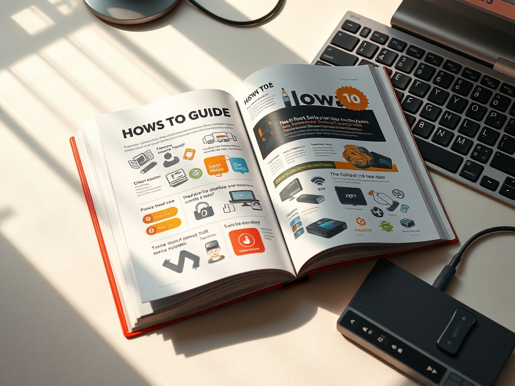 Guidebook showing "how to" open on a table with a computer keyboard